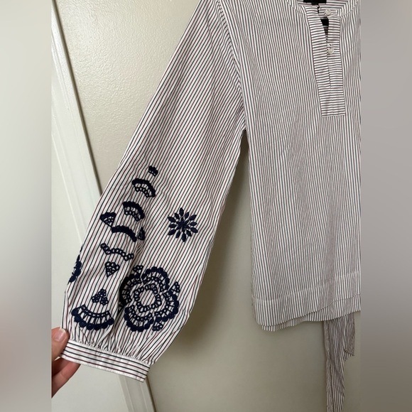 J. Crew embroidered cotton red and navy Striped Blouse with statement bow - Picture 3 of 10